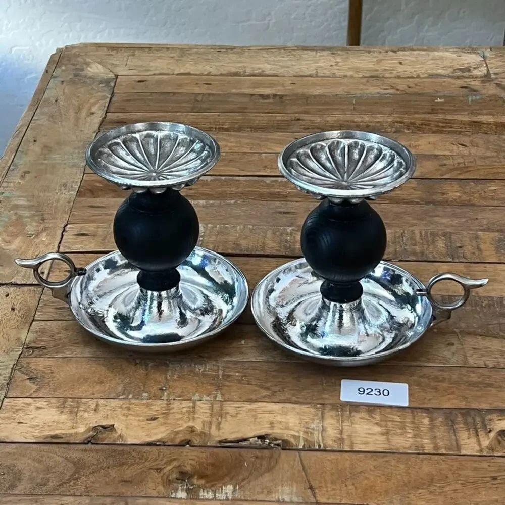 Vintage Dilly Metal & Wood Chamberstick Finger Loop Candle Holder